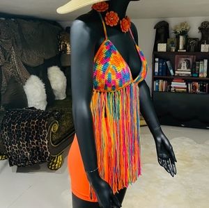 Handmade Multi-Colored Fringe Crochet Triangle Bikini Top New No Tags.